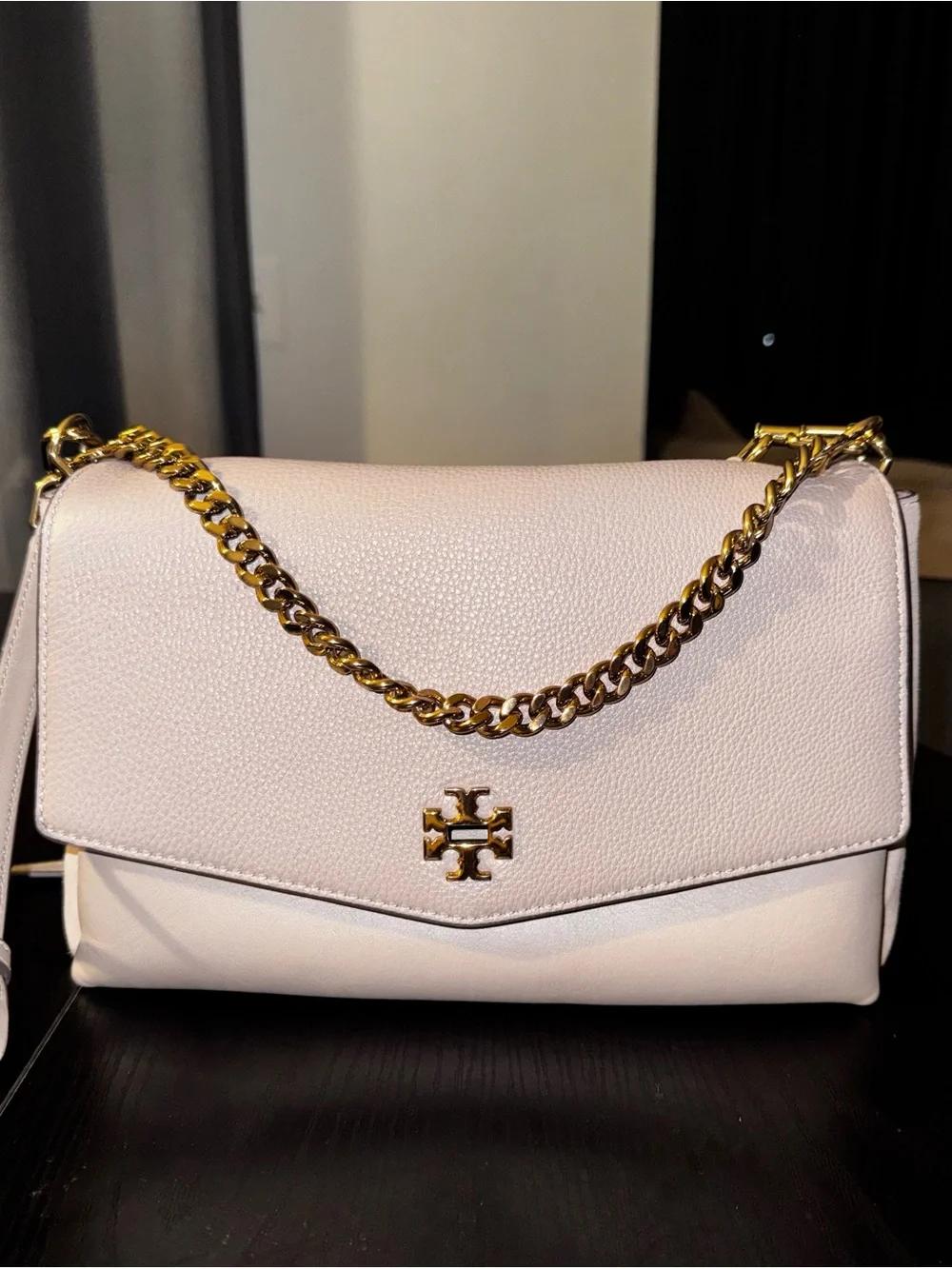 Tory Burch Kira mixed-leather double-strap bag in Grey Heron